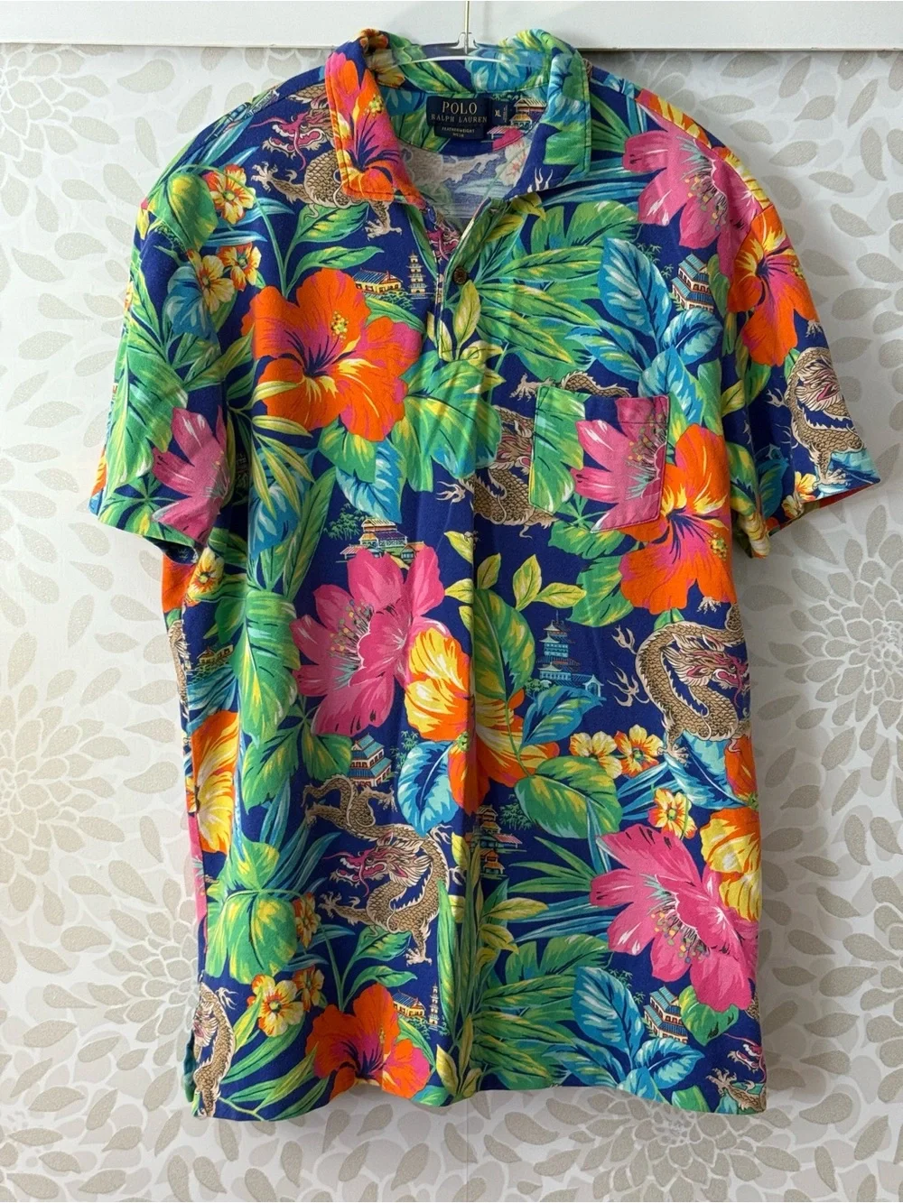 Vintage Polo Ralph Lauren Men’s XL Dragon Hibiscus Flower Short Sleeve Shirt